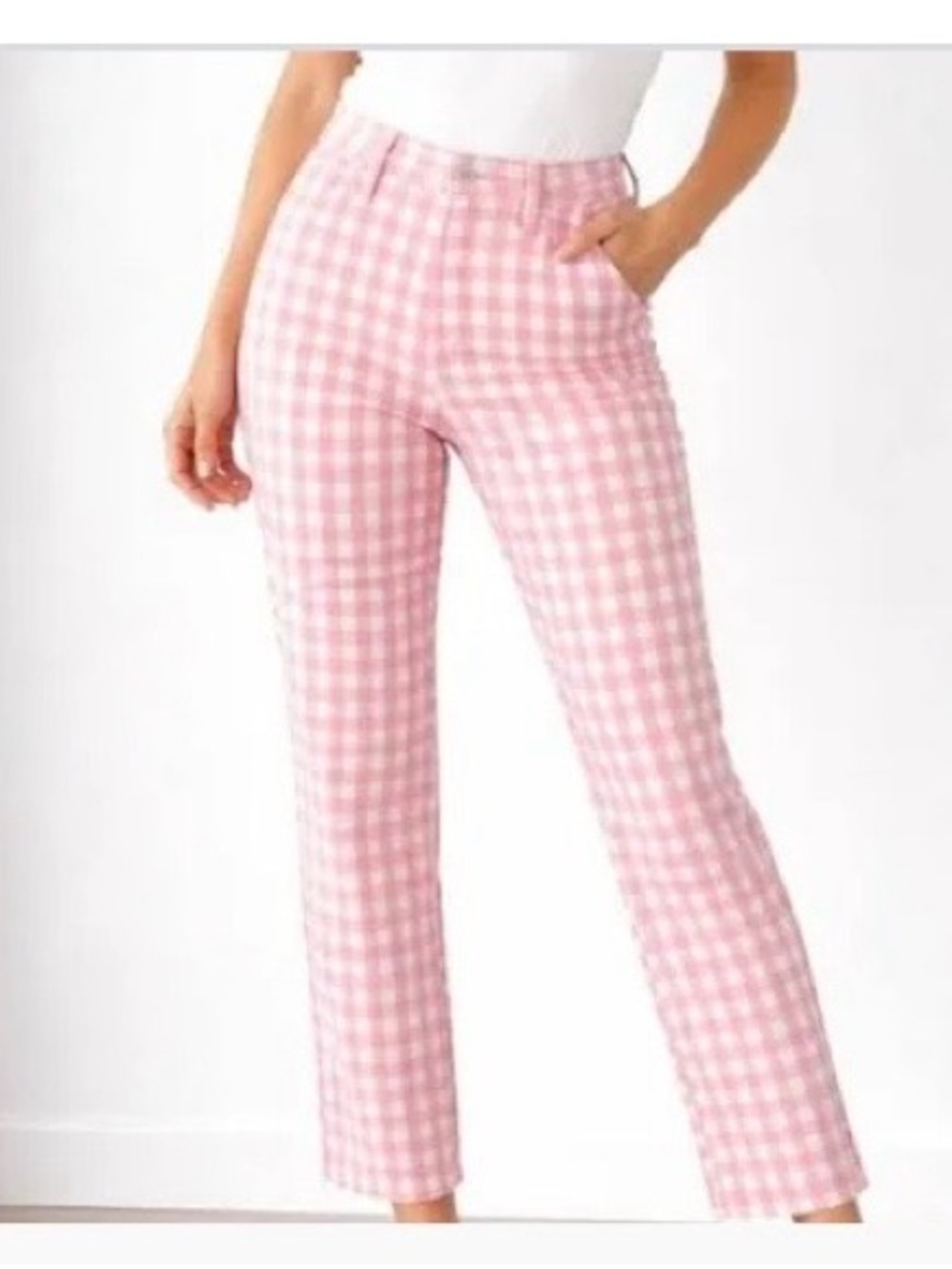 J. Crew Pink Gingham Straight-Leg Jeans